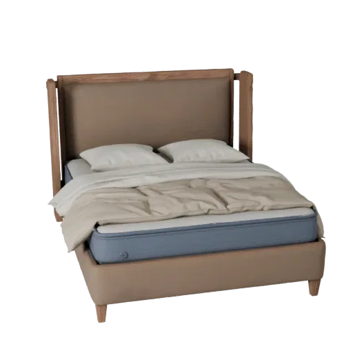 Upholstered Queen Bed 3D model, bedroom, three-quarter front view, Unreal Engine viewport, fabric detail.