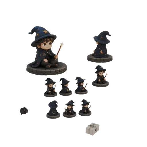 3D model of a cute chibi wizard with a blue starry cape and a magic wand, sitting on a stone base.
