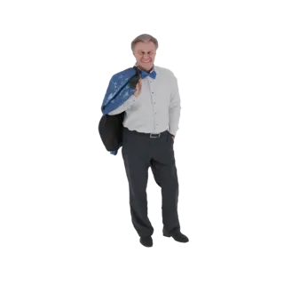 Modelo 3D de um homem sorrindo de smoking, segurando uma jaqueta azul de lantejoulas sobre o ombro, com uma mão no bolso.
