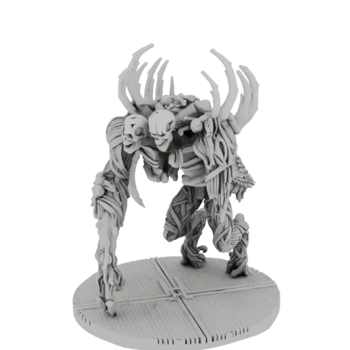 3D model of a grotesque abomination with multiple skulls, wrapped in tattered cloth and bone growths, standing on a circular