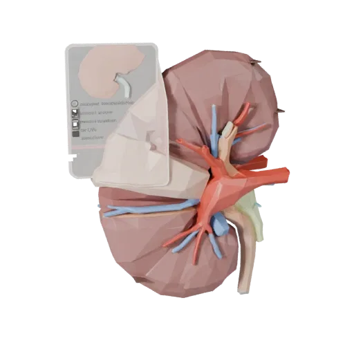 Cutaway Kidney Low Poly 3D model, game viewport three-quarter view, showing soft tissue colors, organ silhouette.