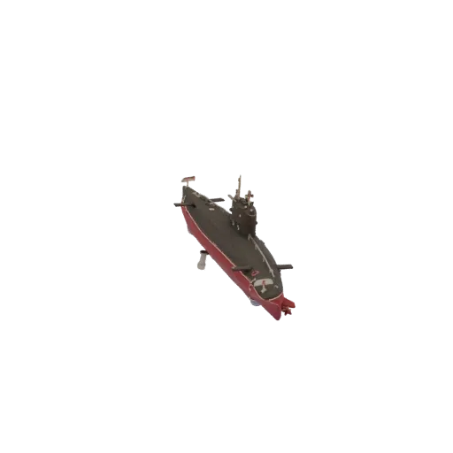 3D-Modell eines sowjetischen U-Boots der Typhoon-Klasse mit dunklem Rumpf und roten Akzenten, aus leicht erhöhter Perspektive