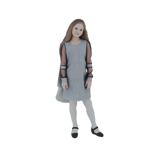 Modellino 3D di una giovane ragazza con lunghi capelli castani, che indossa un abito grigio, calze bianche e scarpe nere, in