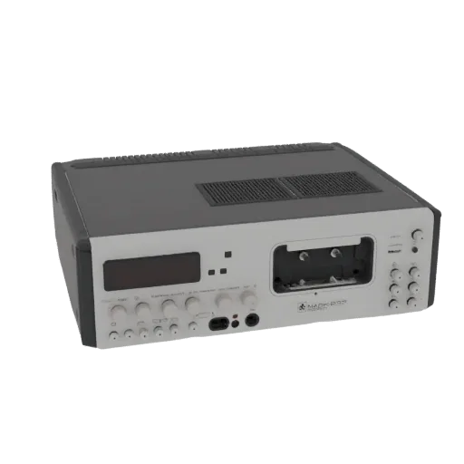 3D model of a vintage cassette deck with a silver faceplate, cassette slot, digital display, and numerous control knobs.
