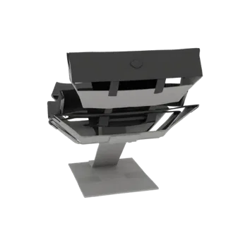 Ein 3D-Rendering eines modernen geometrischen Loungesessels in Schwarz-Silber-Ausführung, vor weißem Hintergrund.