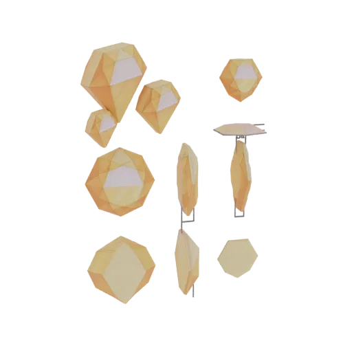 A 3D render of a cluster of faceted, geometric crystals in a warm yellow hue, presented against a black background.