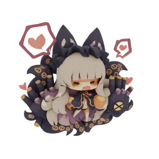 3D model of a chibi kitsune sorceress with white hair, dark outfit, and patterned tentacles, with pink heart accents.