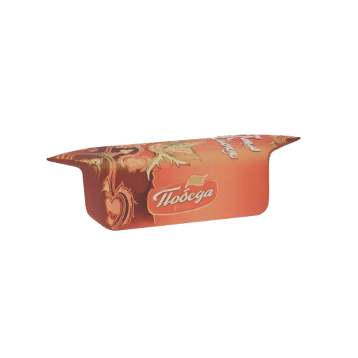3D model of a Pobeda chocolate wrapper with orange and gold design, featuring the 'Победа' logo.