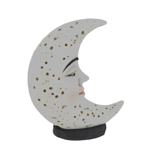 3D model of a white crescent moon with a human face and dark base, featuring many small holes across its surface.