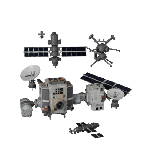 Research Relay Station Stylized 3D model, stylized isometric render, showing solar panels, spacecraft silhouette.