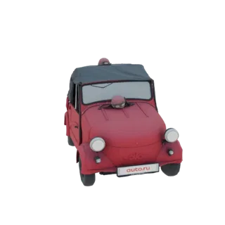 3D-Modell eines roten Vintage-Kleinstwagens mit schwarzem Verdeck, runden Scheinwerfern und Nummernschild.