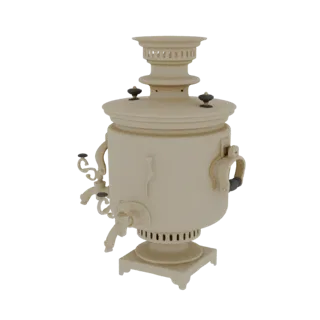 Un rendering 3D di un samovar classico, beige chiaro, con manici ornati e rubinetto, su sfondo bianco.