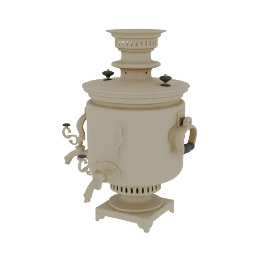 Un rendering 3D di un samovar classico, beige chiaro, con manici ornati e rubinetto, su sfondo bianco.