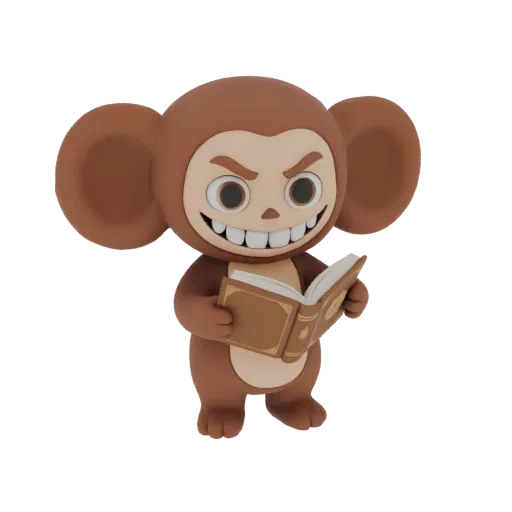 A 3D render of a mischievous brown monkey with big ears and a wide grin, holding and reading an open book.
