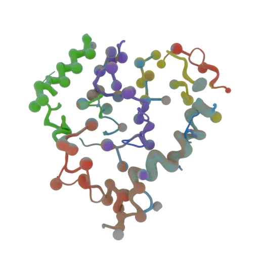 Protein Style Chain 3D model, three-quarter front view, AR viewer studio render, showing colored spheres, form detail.