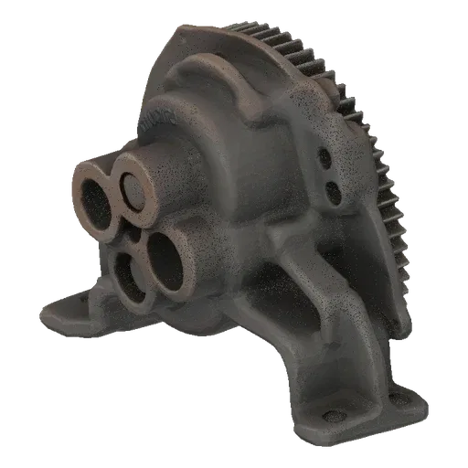 3D model of a gray industrial pump housing with visible gears and mounting flanges, set against a black background.