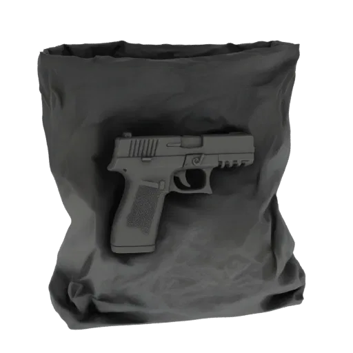 3D model of a gray semi-automatic pistol lying inside a crumpled black fabric bag.