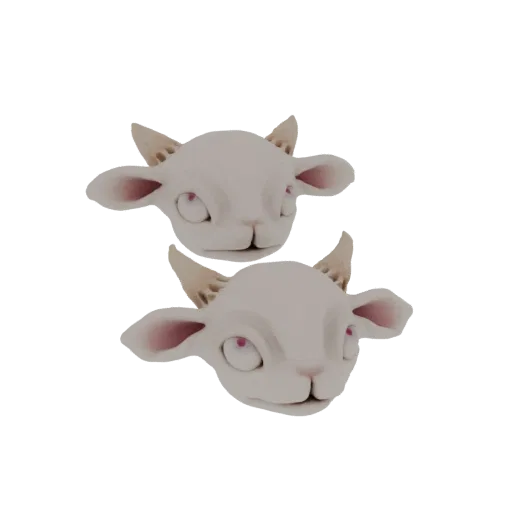 A 3D render of two stylized white goat heads with pink ears and red eyes, presented against a white background.