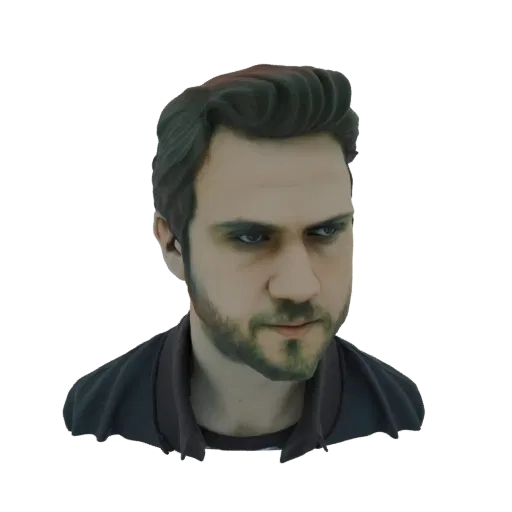 3D model render of a man with dark, styled hair, a beard, and a dark jacket, looking slightly to the side.