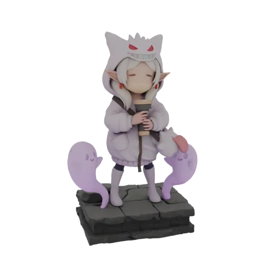 3D model of a cute elf girl wearing a Gengar hoodie and holding a coffee cup, with two ghost companions on a stone base.