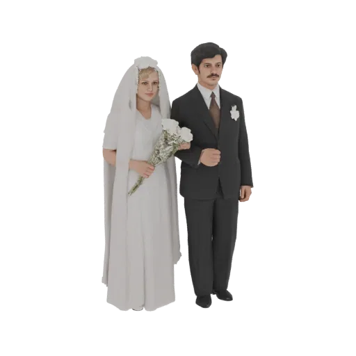 3D model of a vintage wedding couple, bride in white gown and veil, groom in dark suit, standing arm-in-arm with a bouquet.