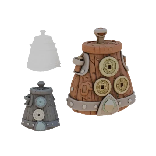 Sacoche de pièces d'aventurier, modèle 3D imprimable, rendu STL isométrique, montrant bois vieilli, silhouette de ramassage claire.