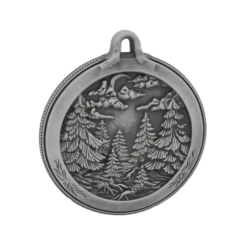 3D model of a silver ornament with a detailed forest scene, crescent moon, and pine trees.