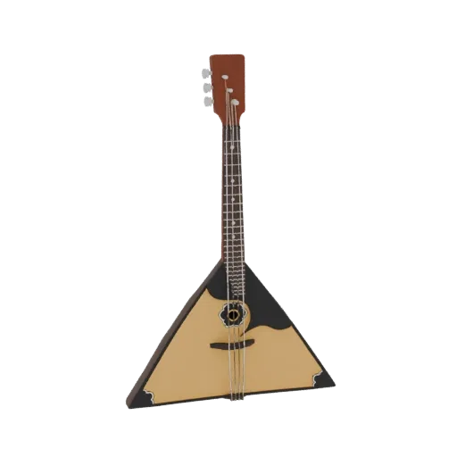 3D model of a traditional Russian balalaika with a triangular body and three strings, rendered against a black background.