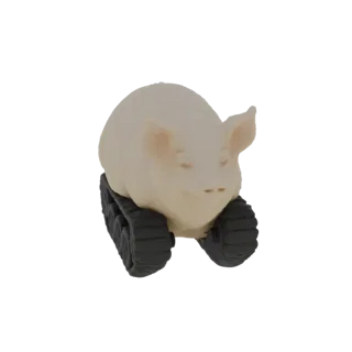 Modelo 3D de un cerdo de color claro con cara sonriente, montado sobre orugas de tanque negras, sobre un fondo blanco.