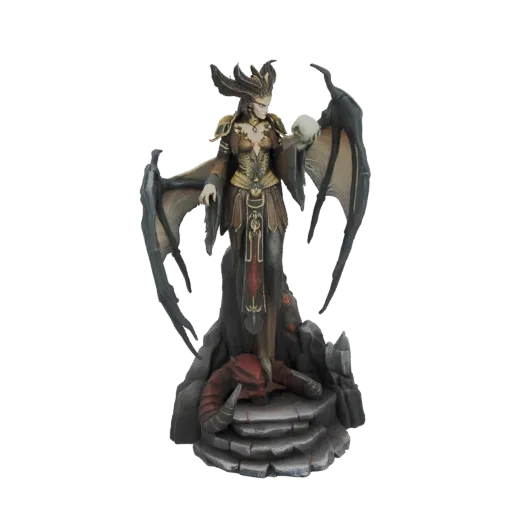 3D model of a gothic demon queen with bat wings, wearing ornate armor and holding a skull, standing on a rocky base with a de