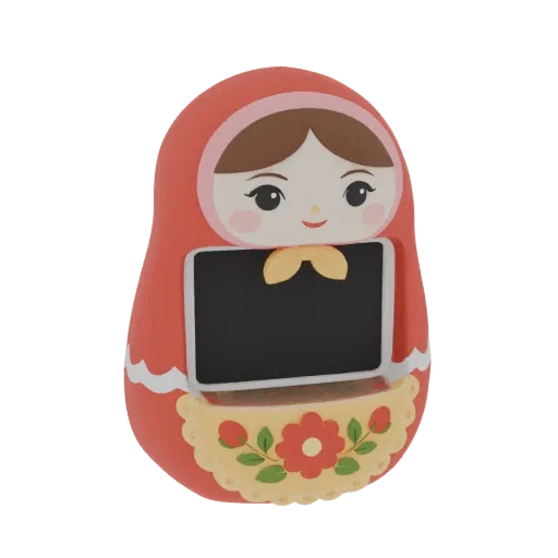 3D model of a red Matryoshka doll with a chalkboard in the center and a floral apron at the bottom.