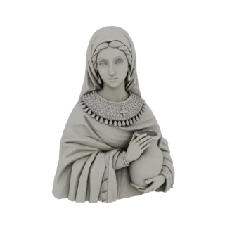 3D model render of a grey bust of an ancient woman wearing a headscarf and ornate necklace, holding a jug.