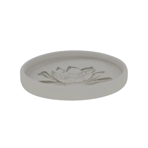 3D render of a light-colored, shallow dish with a detailed embossed lotus flower design in the center.