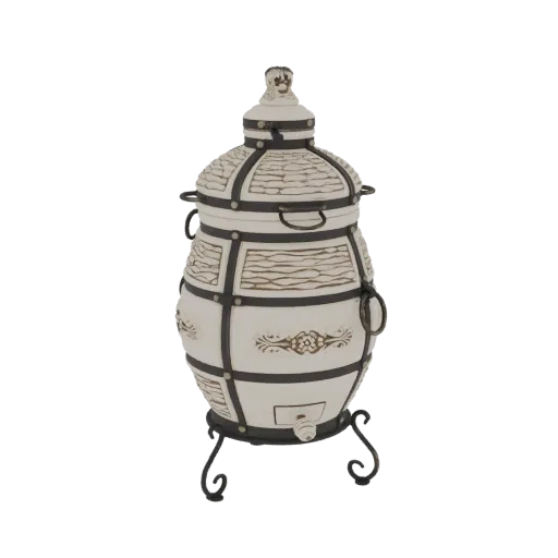 A detailed 3D model of a traditional ceramic tandoor oven with dark metal accents and an ornate iron stand, set against a whi