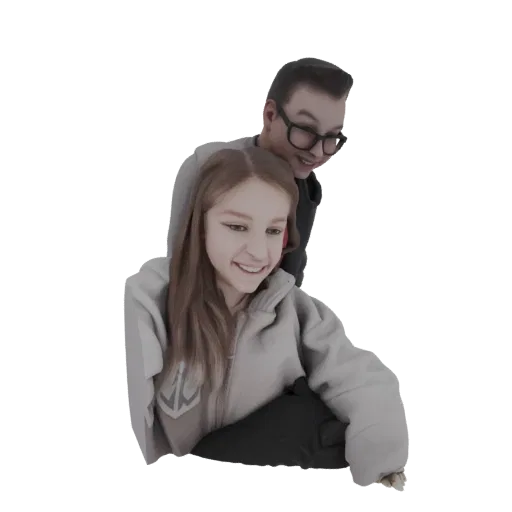 Modello 3D di una giovane coppia che si abbraccia, con l'uomo dietro la donna, entrambi sorridenti.