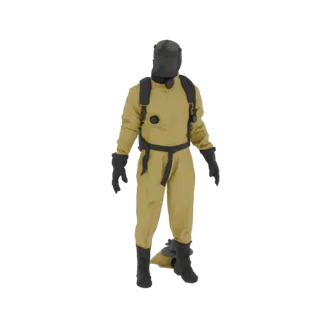 A full-body 3D model of a hazmat suit in a tan color, standing against a black background.
