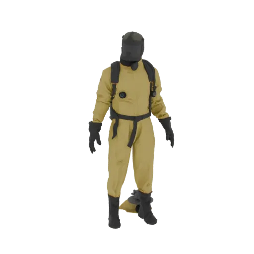 A full-body 3D model of a hazmat suit in a tan color, standing against a black background.