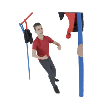 Modello 3D di un giovane con maglietta rossa e pantaloni grigi, catturato in una posa dinamica d'azione con le braccia tese.