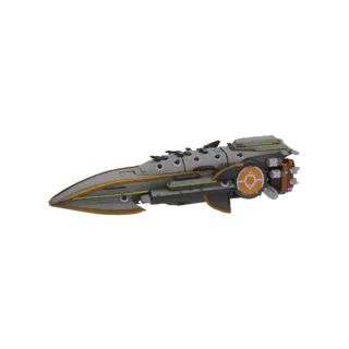 3D model of a sleek, gray futuristic space battleship with gold trim and purple glowing accents, viewed from the side.