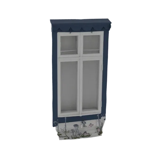 3D model of a traditional window with a dark blue frame and a flower box filled with pink and purple flowers.
