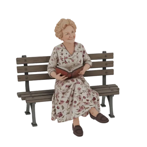 3D model of an elderly woman with blonde hair, wearing a floral dress, reading a book while sitting on a park bench.