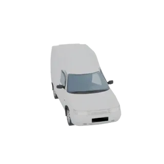 Ein 3D-Rendering eines weißen Kastenwagens, aus leicht erhöhter Perspektive, vor schwarzem Hintergrund.
