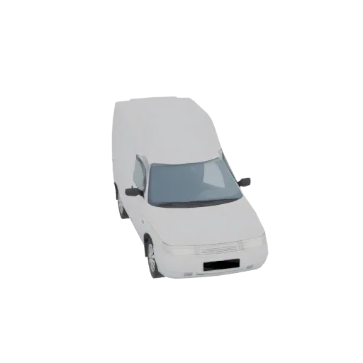 A 3D render of a white cargo van, viewed from a slightly elevated angle, against a black background.