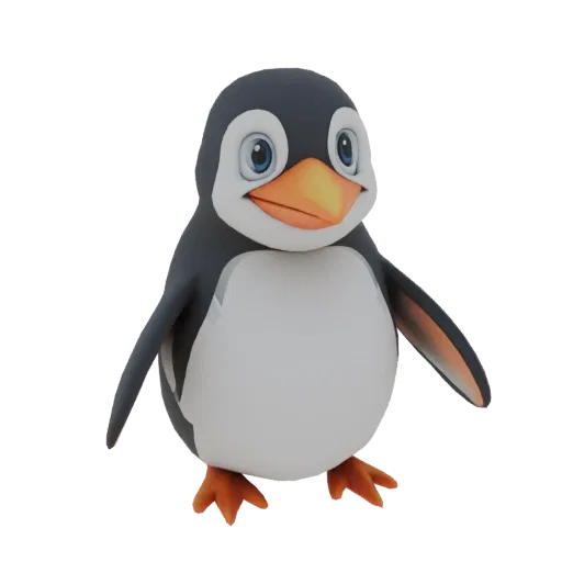 A 3D render of a cute, plump cartoon penguin with large blue eyes and an orange beak, standing against a black background.