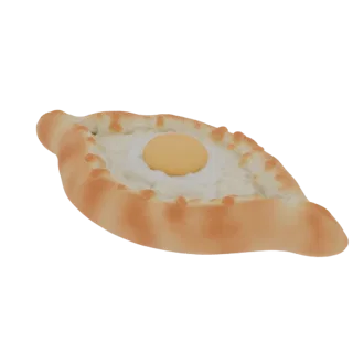 Una representación 3D de un Khachapuri, un pan georgiano relleno de queso con un huevo frito encima, aislado sobre un fondo b