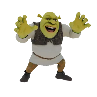 Modèle 3D de l'ogre Shrek avec peau verte, grandes oreilles, portant une tunique blanche et un gilet marron, avec un large so
