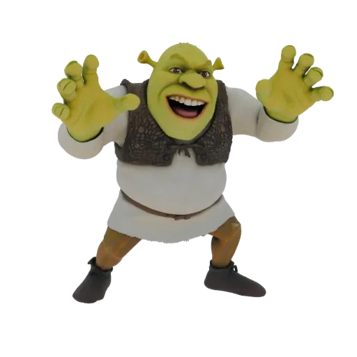 3D model of the ogre Shrek with green skin, large ears, wearing a white tunic and brown vest, with a wide grin and arms outst