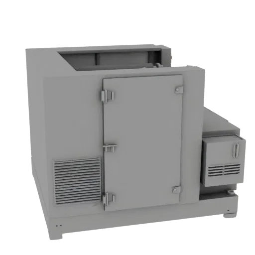Automated Control Cabinet Printable 3D model, isometric STL render, showing painted steel, machine stations.