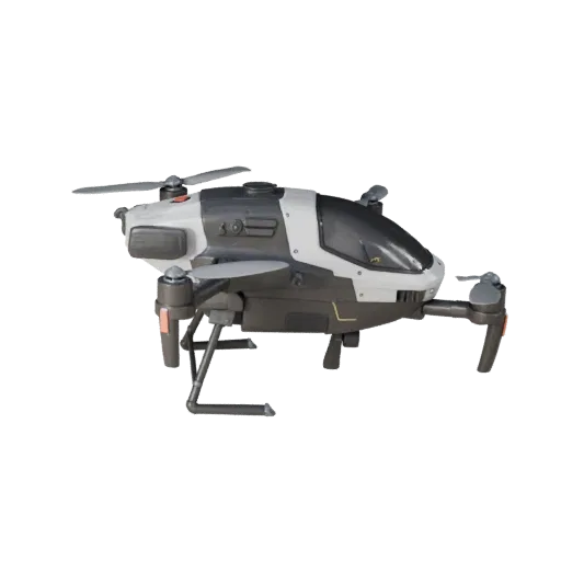 Modello 3D Drone Quadricottero Pronto per il Gioco, vista studio tre quarti, asset veicolare pronto per la produzione con equ