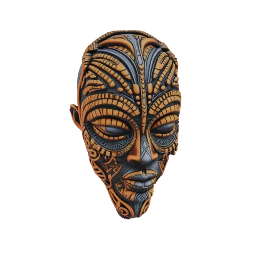 A detailed 3D model of a tribal mask with intricate carvings and a striking orange and grey color scheme, presented against a